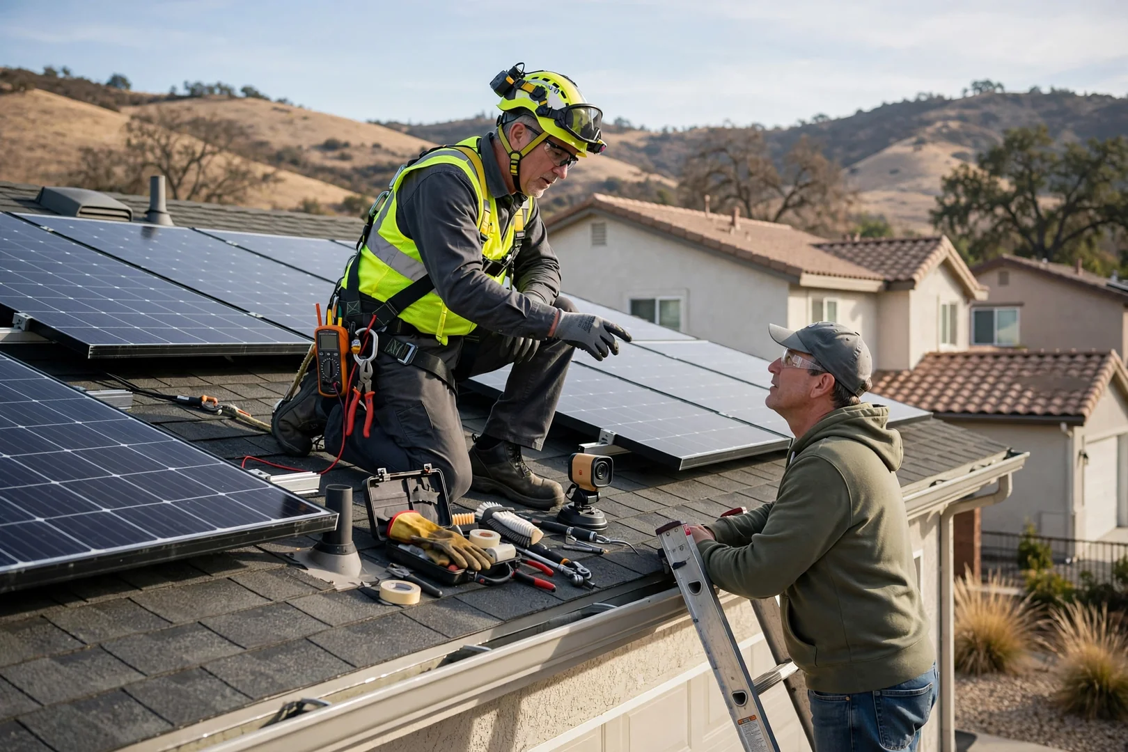 Solar consultant reviewing commercial array cost breakdown and roof plans with a Mountain House business owner