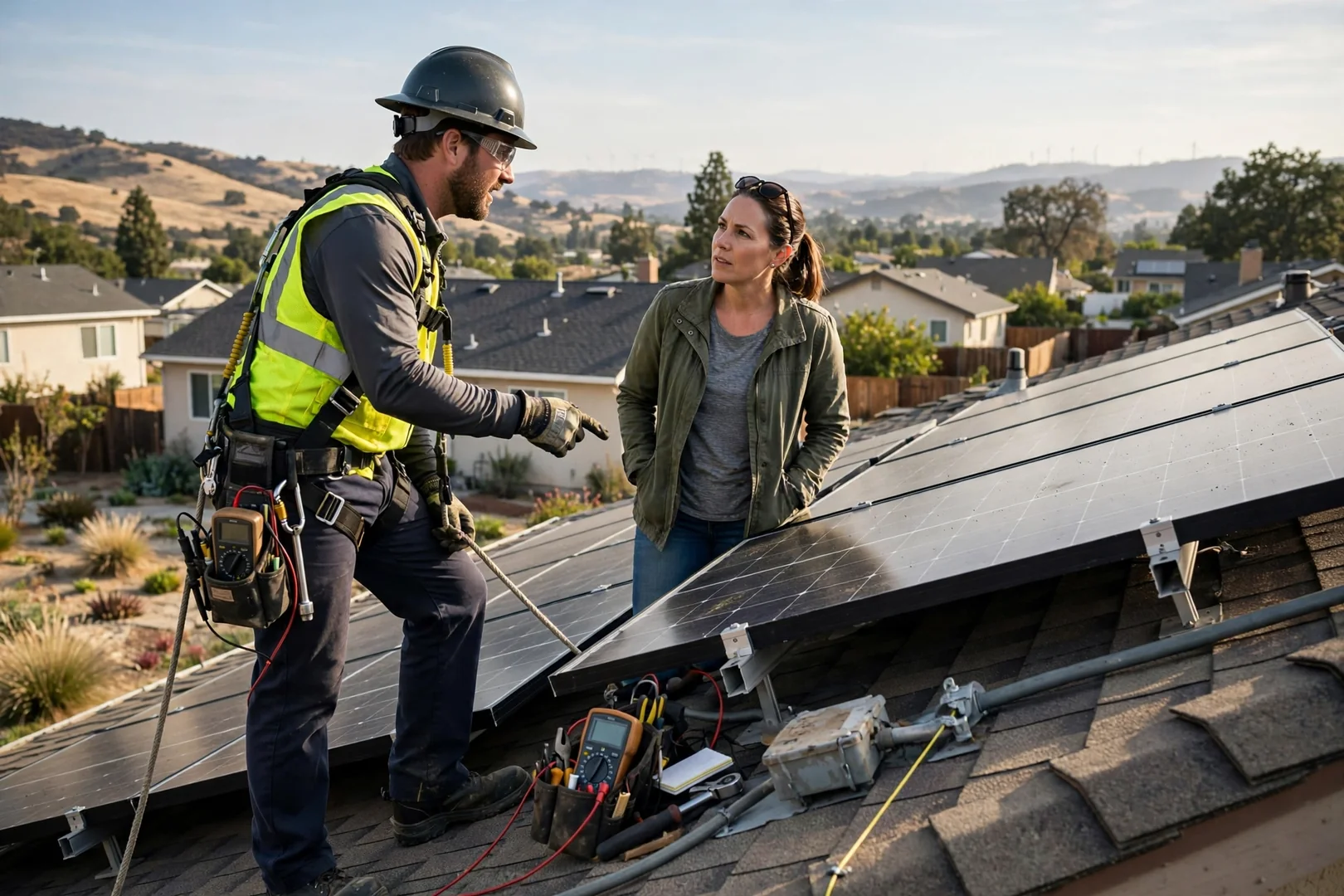 Technician reviewing commercial solar layout plans on a Mountain House rooftop