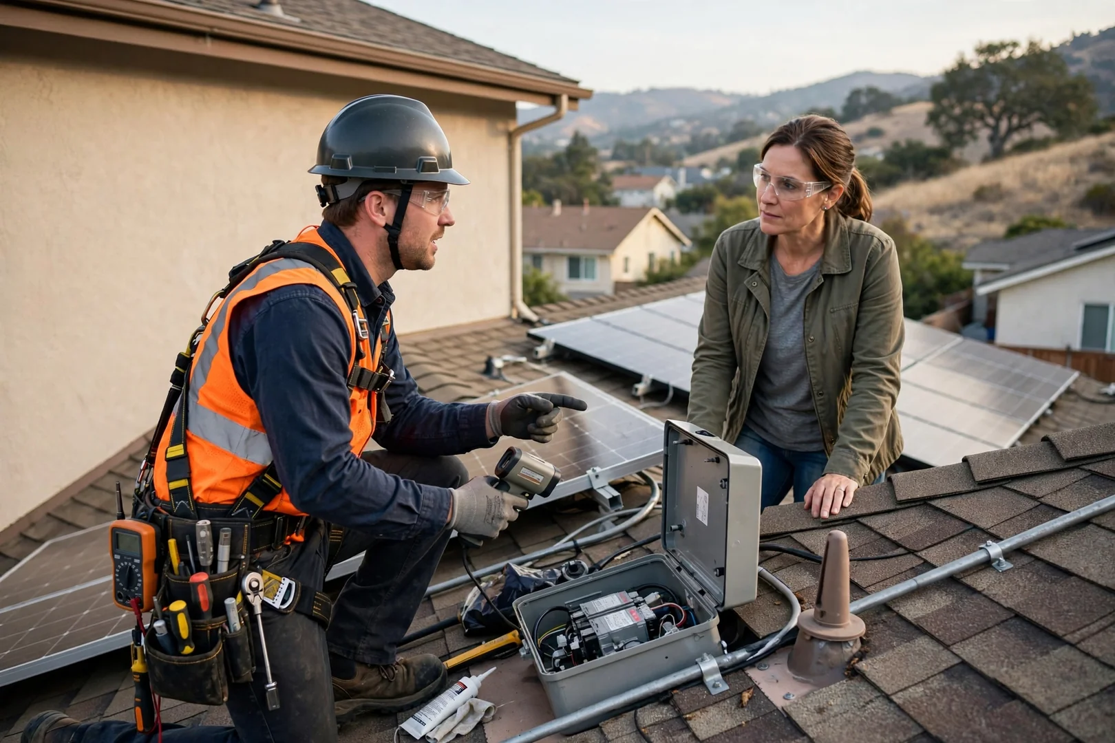 Technicians securing rooftop solar array racking on a Mountain House commercial building