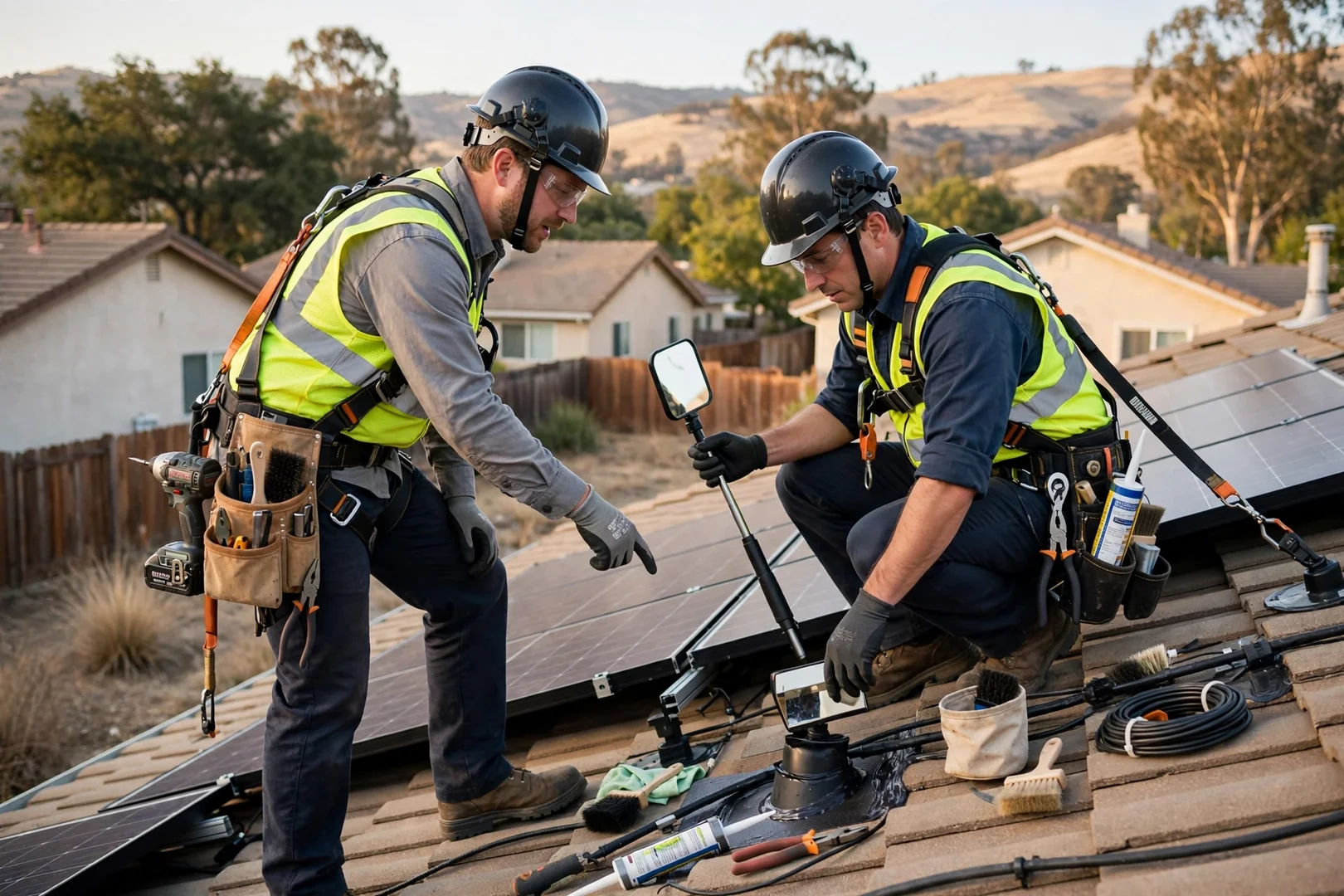 Technicians securing racking hardware on a commercial rooftop solar array in Mountain House