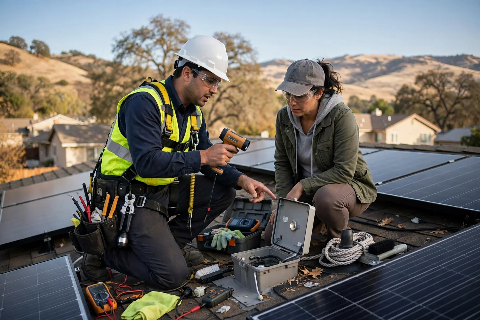 Solar professional reviewing a written ground-mount array estimate with homeowners at a Mountain House property