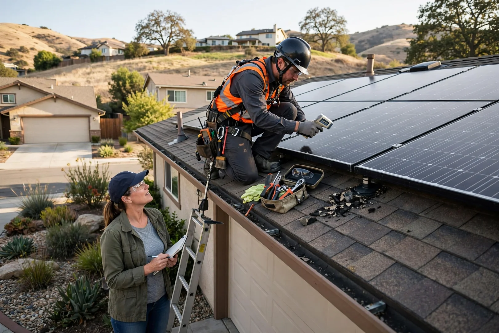 Technician reviewing ground-mounted solar array layout on a Mountain House property
