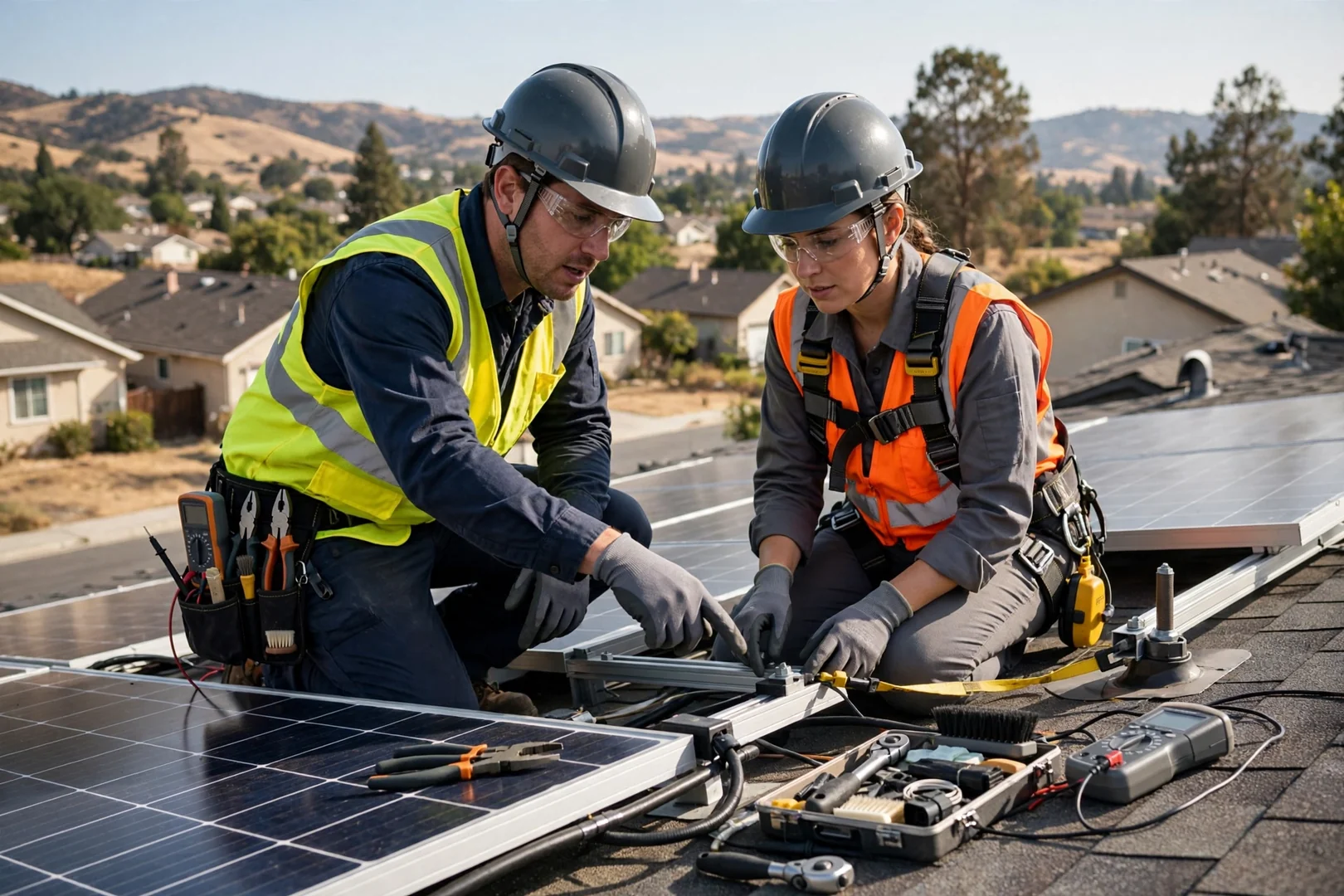 Technicians assembling a fixed-tilt ground-mounted solar array on an open Mountain House lot