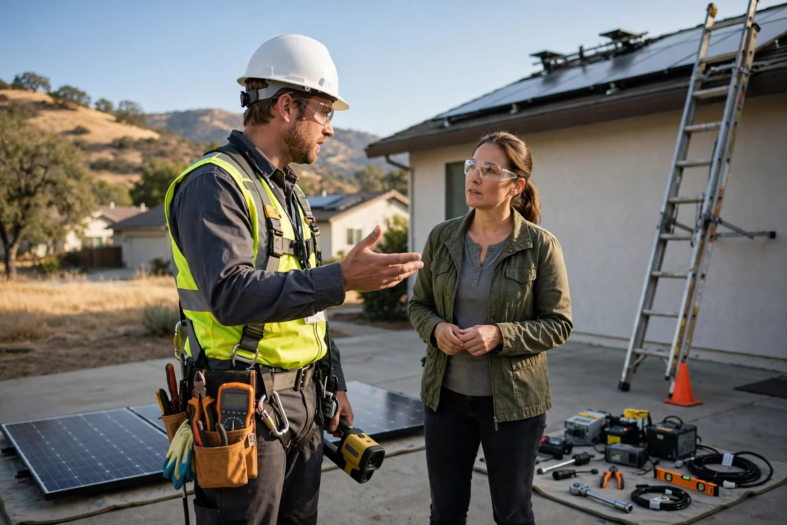 Technicians aligning ground-mounted solar array racking on a residential lot in Mountain House