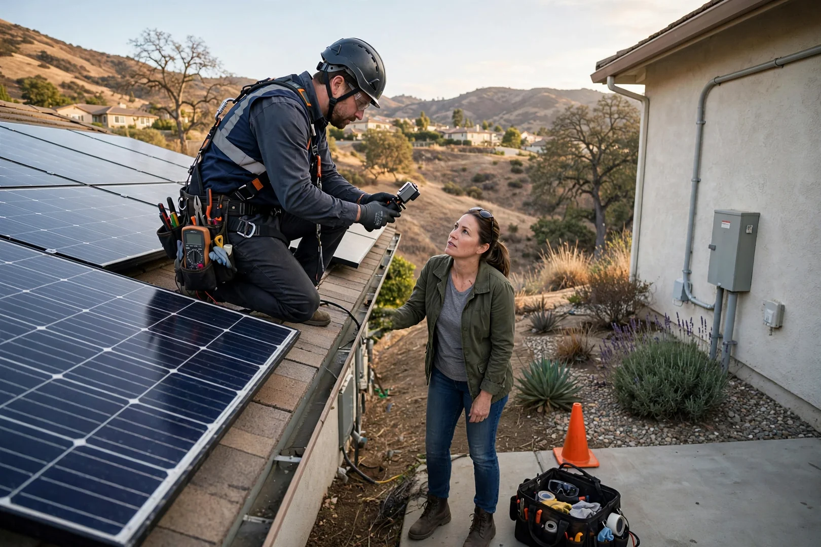 Homeowner reviewing an itemized hybrid solar and battery storage estimate with an installer at a kitchen table