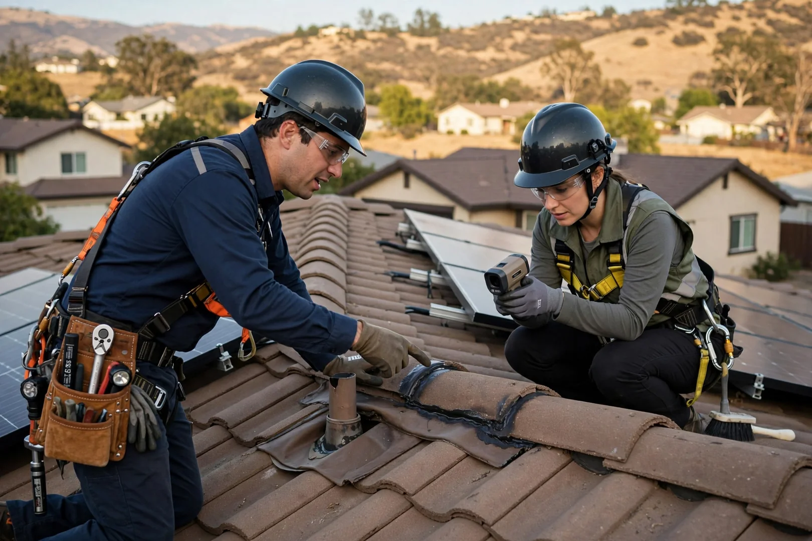 Technician reviewing hybrid solar and battery plans with Mountain House homeowner