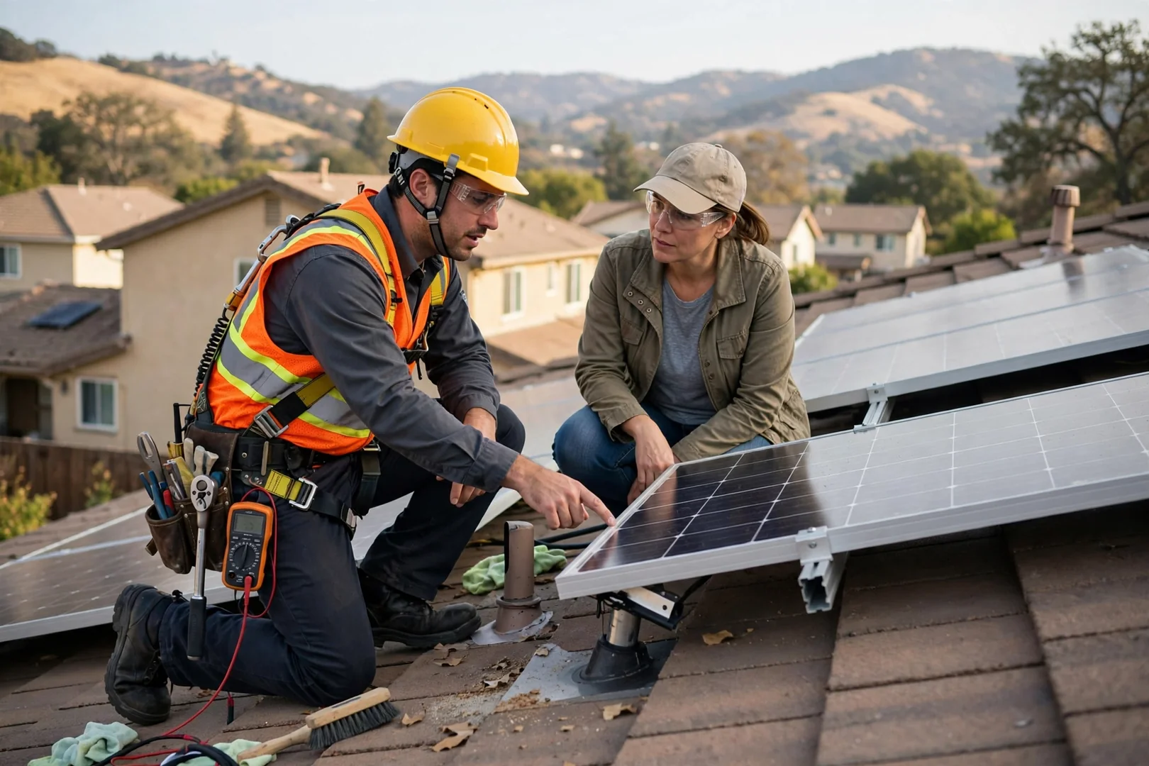 Technician wiring a hybrid inverter and battery unit inside a Mountain House garage