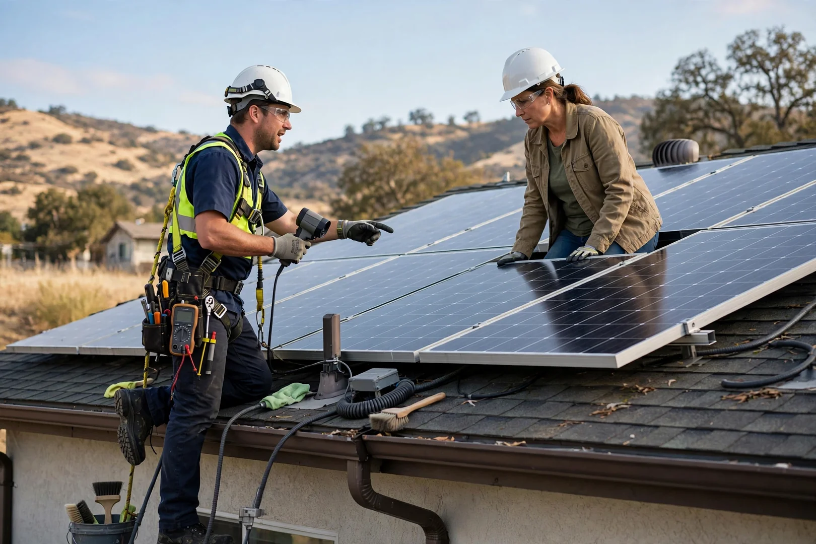 Technician inspecting hybrid solar inverter and battery storage unit at a Mountain House home