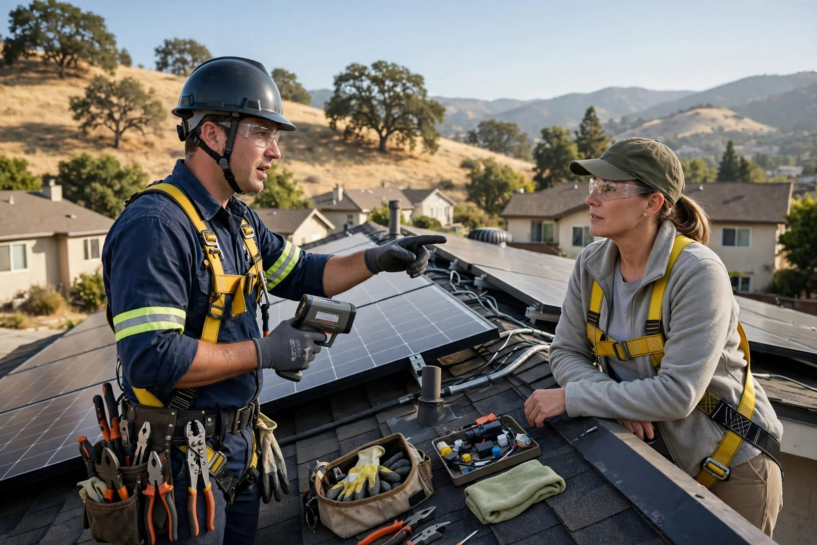 Ground-mounted off-grid solar array with battery enclosure on a rural Mountain House property