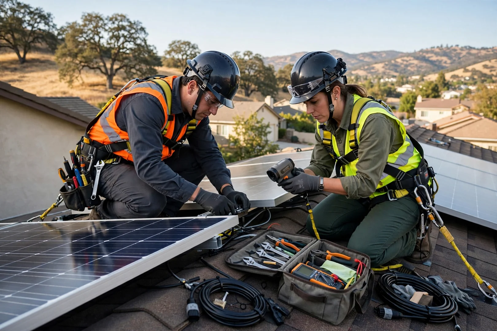 Technician reviewing off-grid solar battery and inverter setup at a Mountain House home