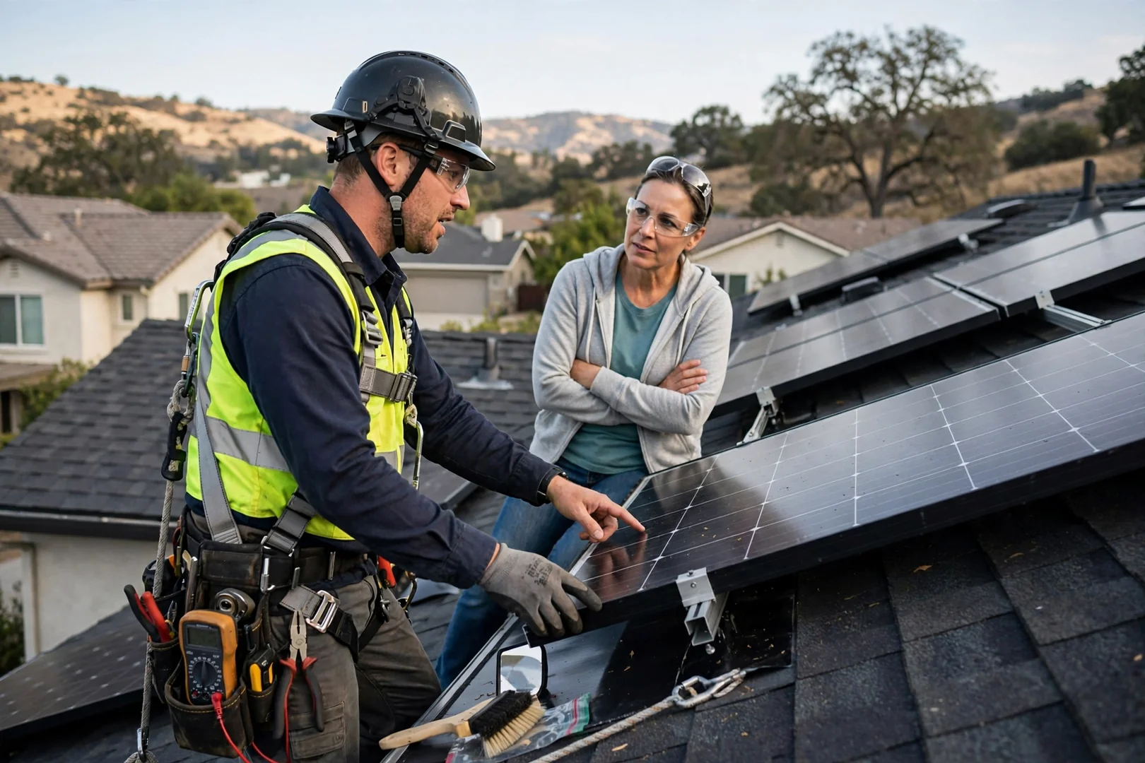 Technician wiring an off-grid solar battery bank inside a Mountain House utility room