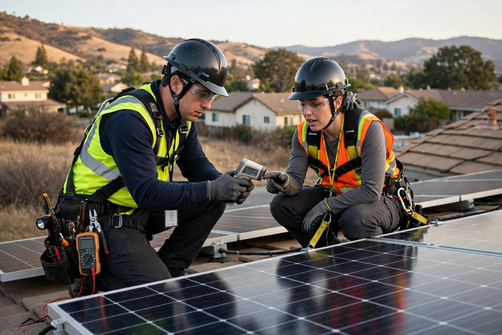 Technician inspecting battery bank and charge controller inside an off-grid solar equipment enclosure