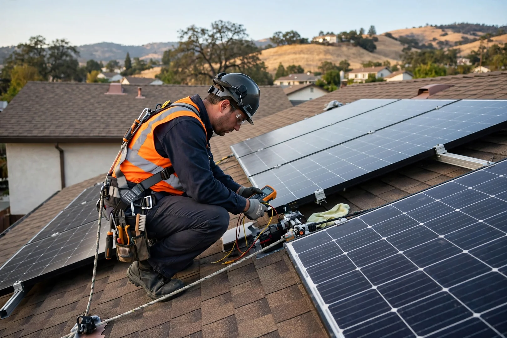 Solar consultant reviewing an itemized written estimate with homeowners at a Mountain House kitchen table