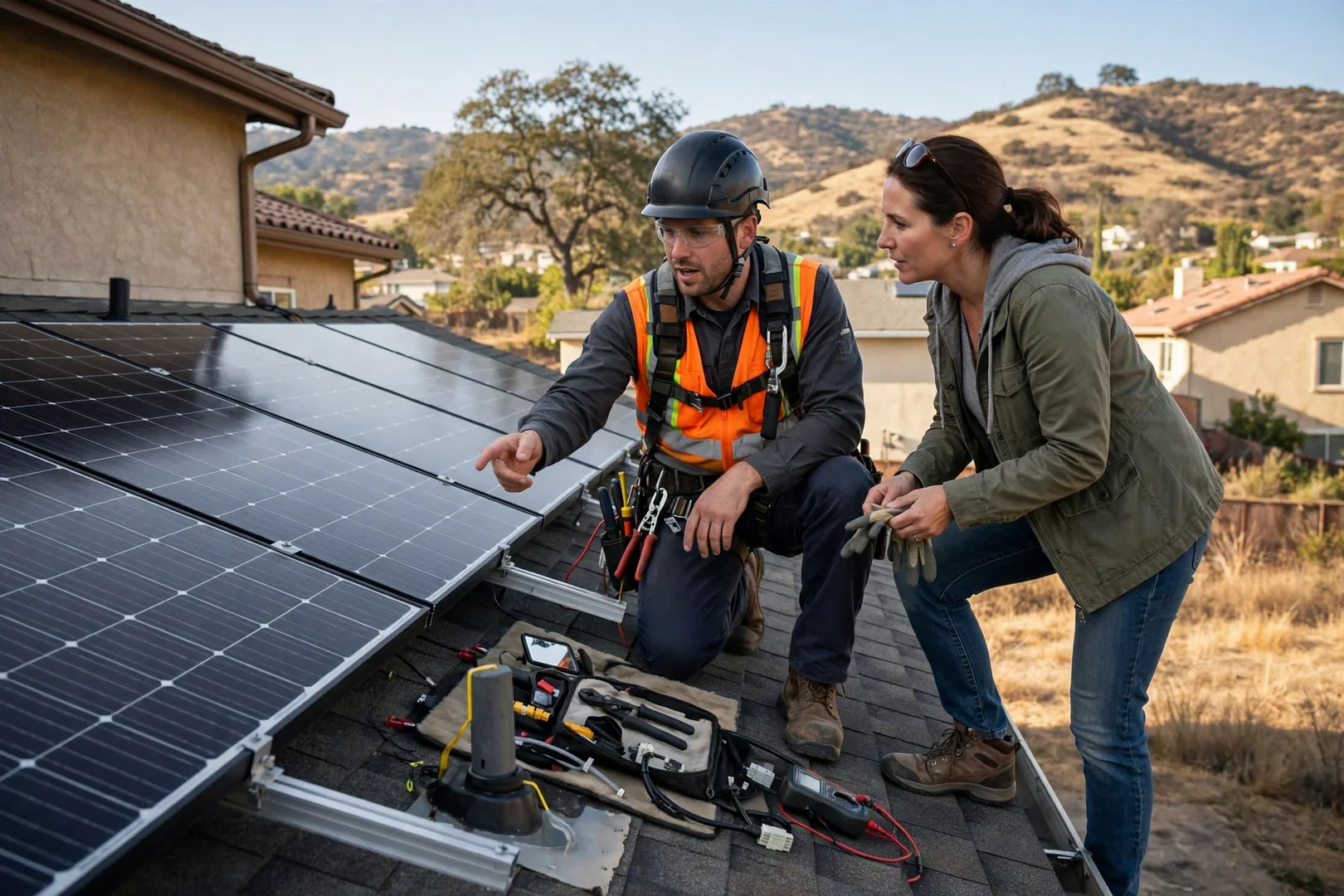 Technician reviewing rooftop solar layout plans with homeowner in Mountain House