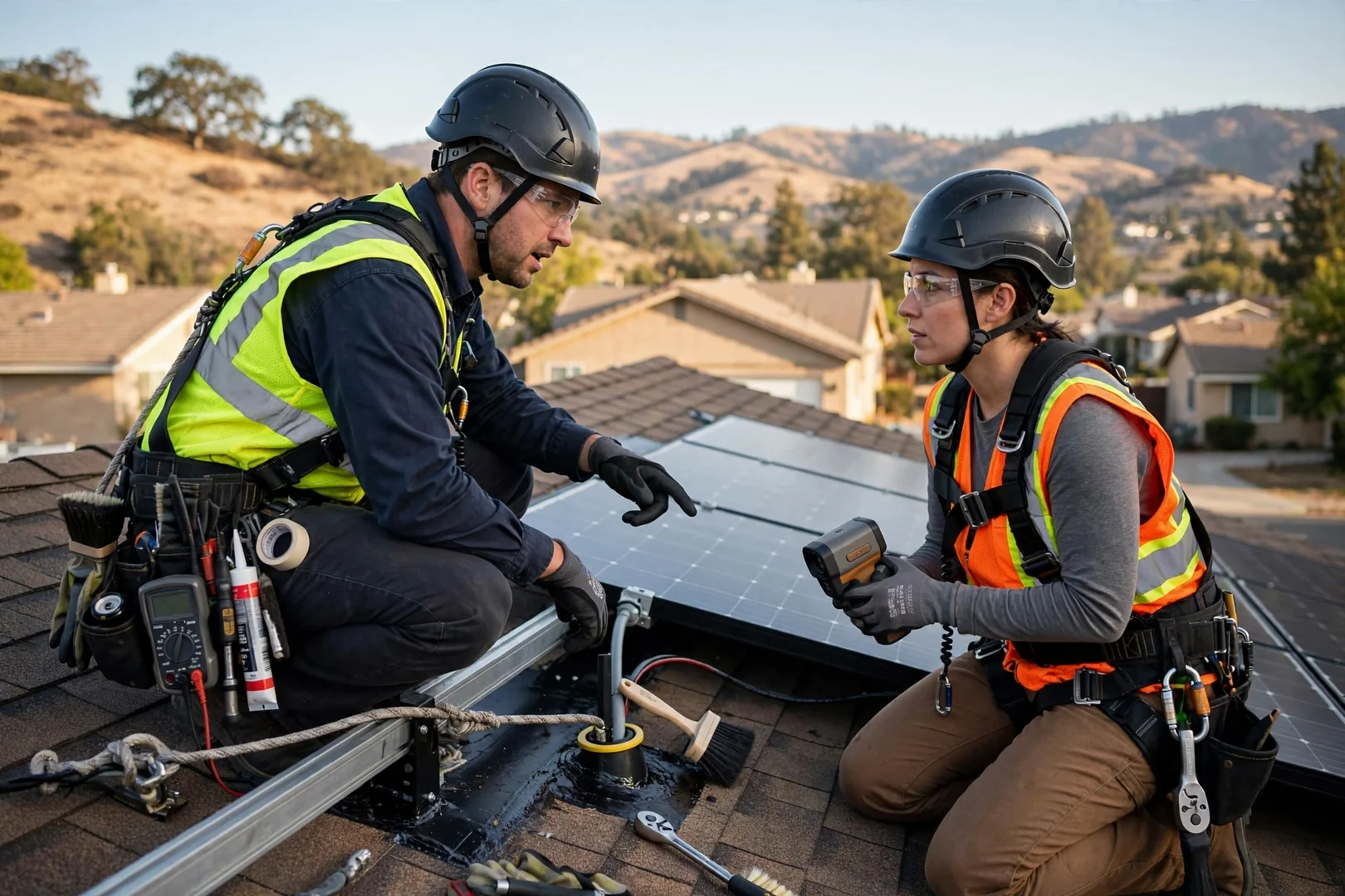 Technician securing roof racking for a residential solar array on a Mountain House home