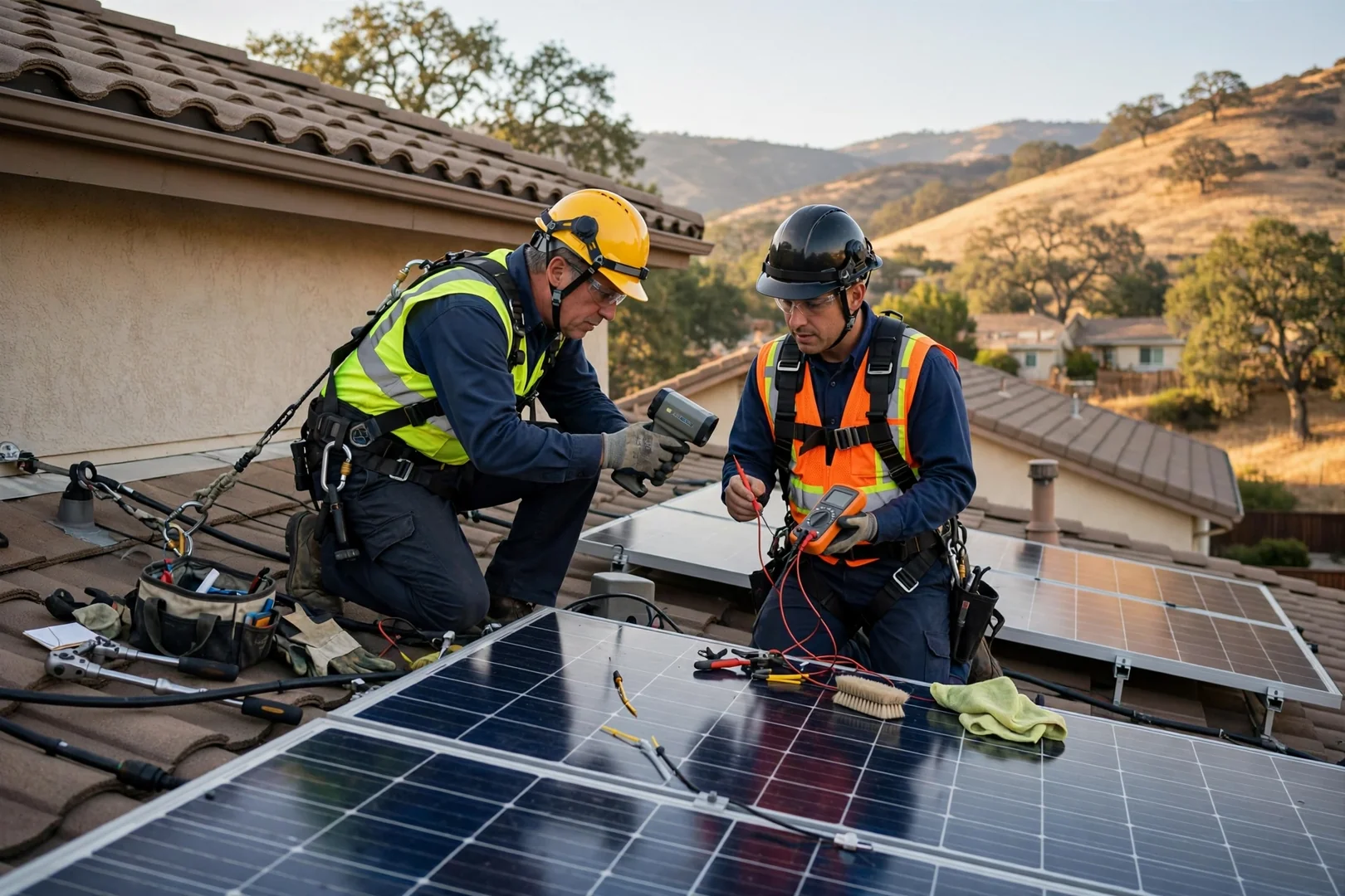 Homeowner reviewing a written solar battery estimate with a technician at a kitchen table