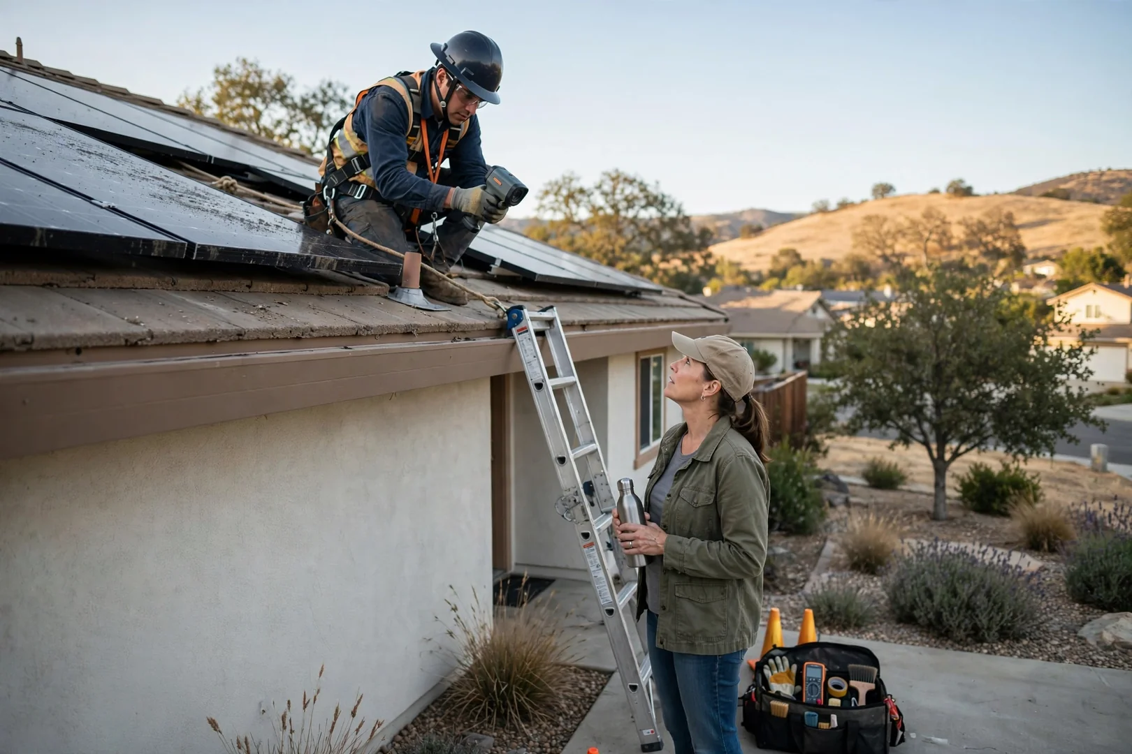 Technician reviewing home battery storage options with a Mountain House homeowner