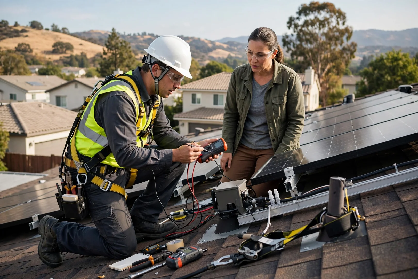 Technician torquing battery terminal connections inside a wall-mounted home solar storage cabinet