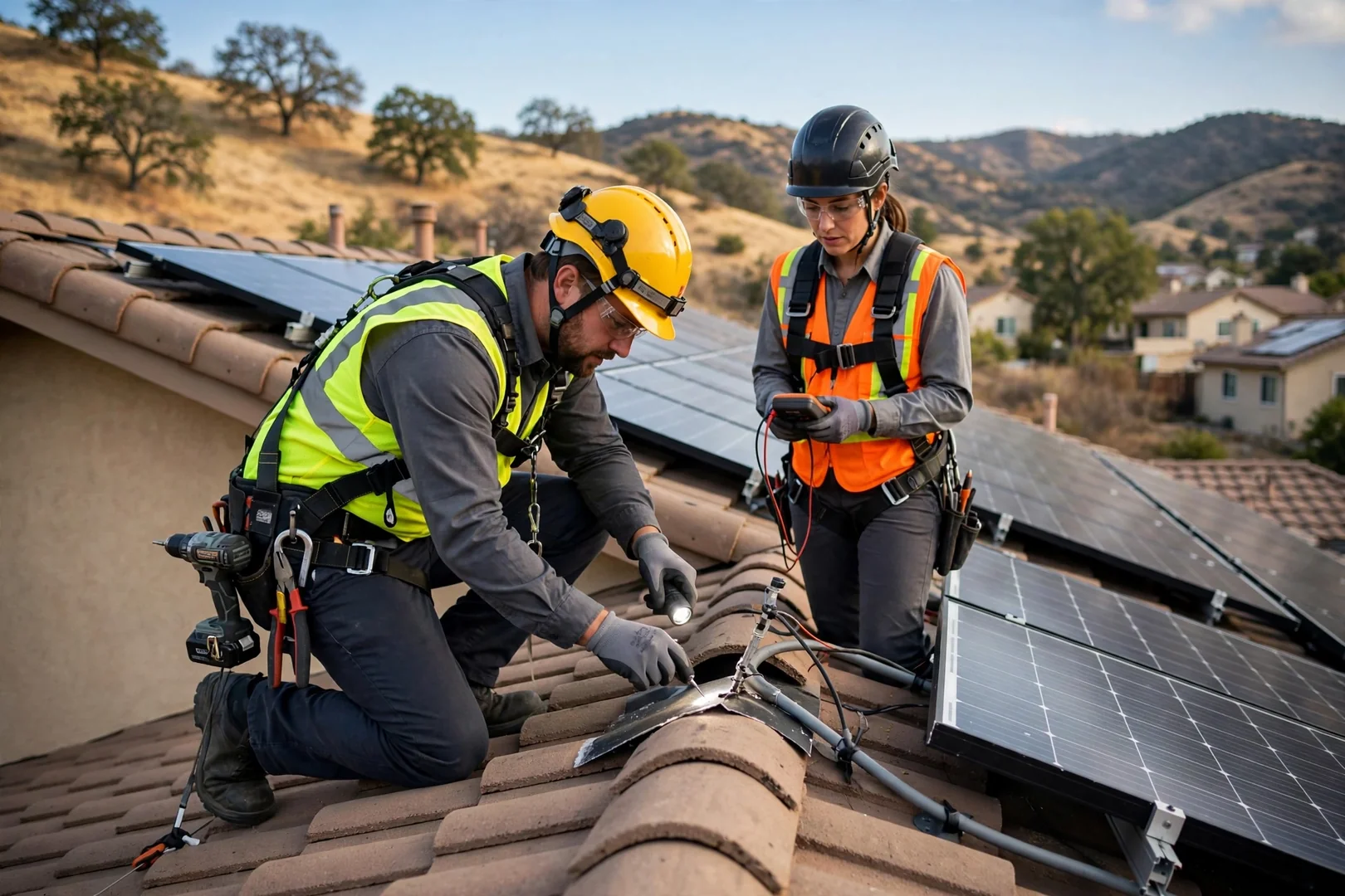 Solar technician reviewing inverter specifications and written estimate paperwork at a Mountain House home