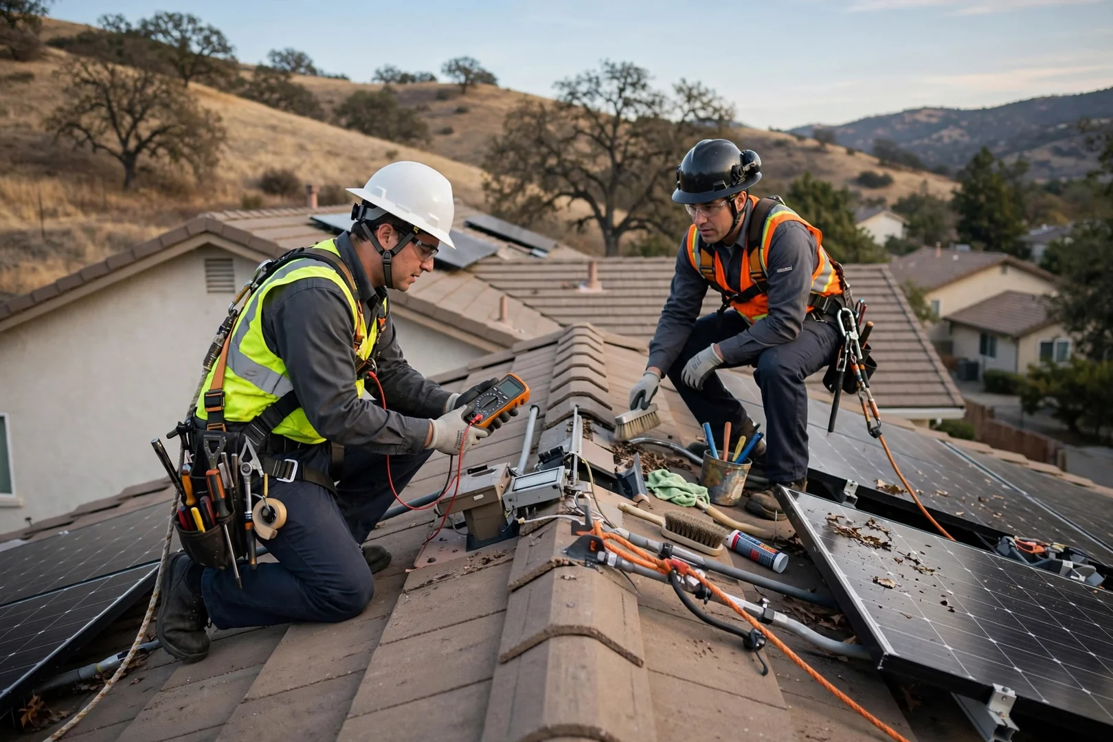 Technician reviewing solar inverter output readings on a Mountain House home
