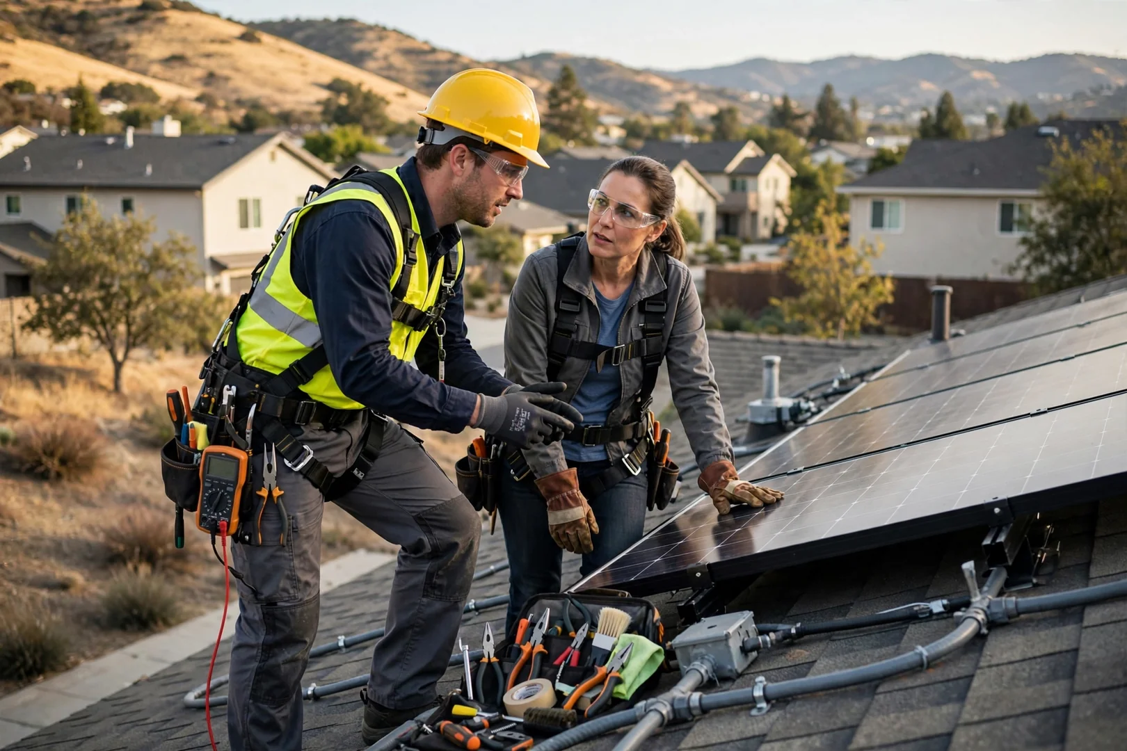 Technician inspecting a wall-mounted solar inverter beside a home electrical panel