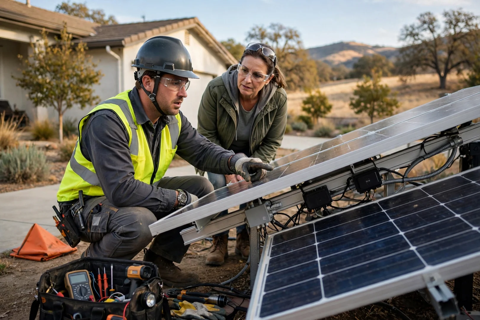 Technician safely testing a newly installed solar inverter at a Mountain House home