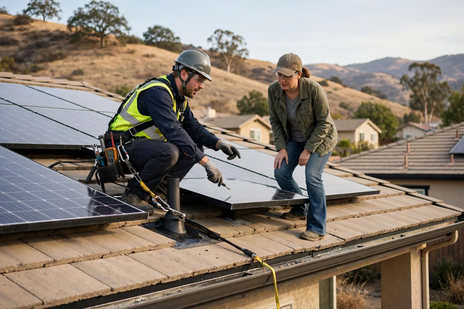 Solar crew planning a morning rooftop install schedule in Mountain House