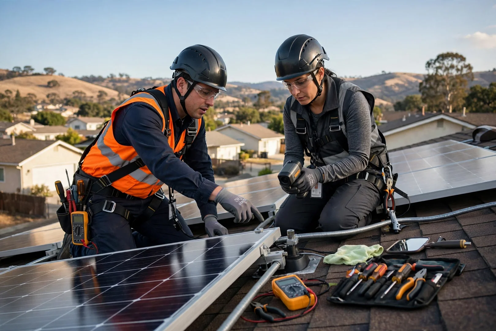 Technicians securing roof racking on a Mountain House home