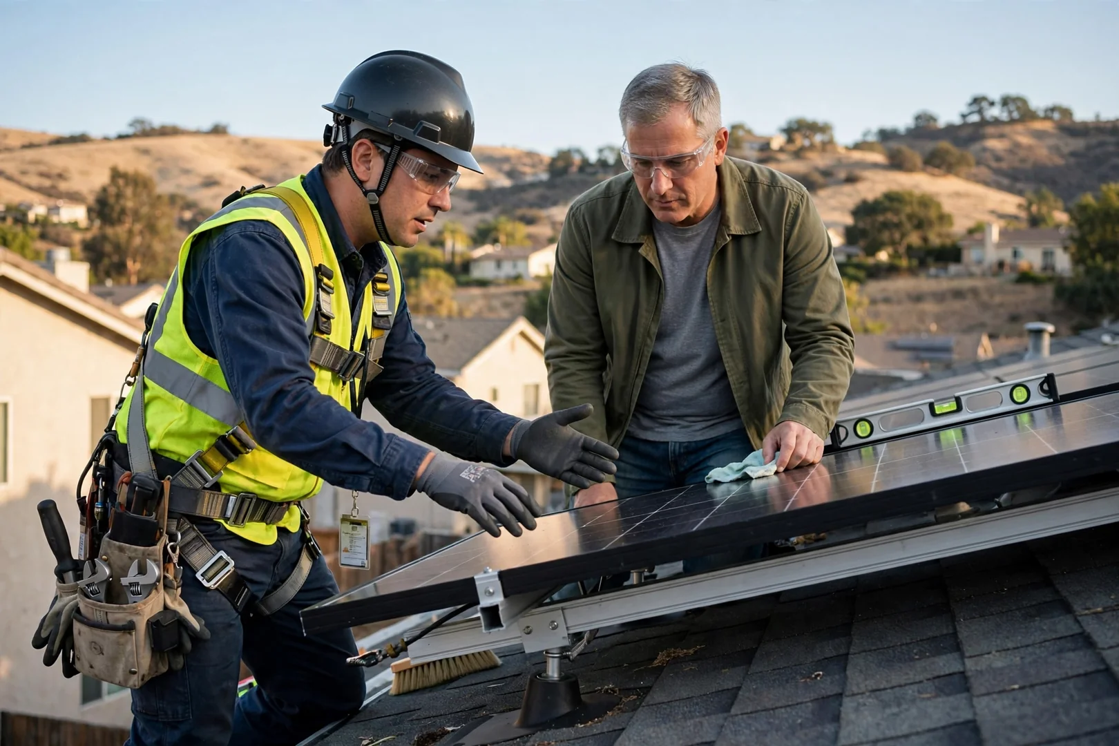 Solar technician reviewing rooftop panel layout with homeowner at a Mountain House residence