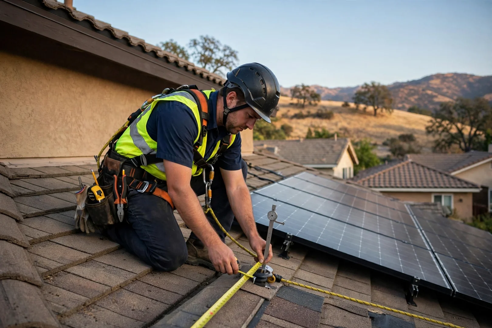 Solar technician measuring roof pitch and rafter spacing on a Mountain House home
