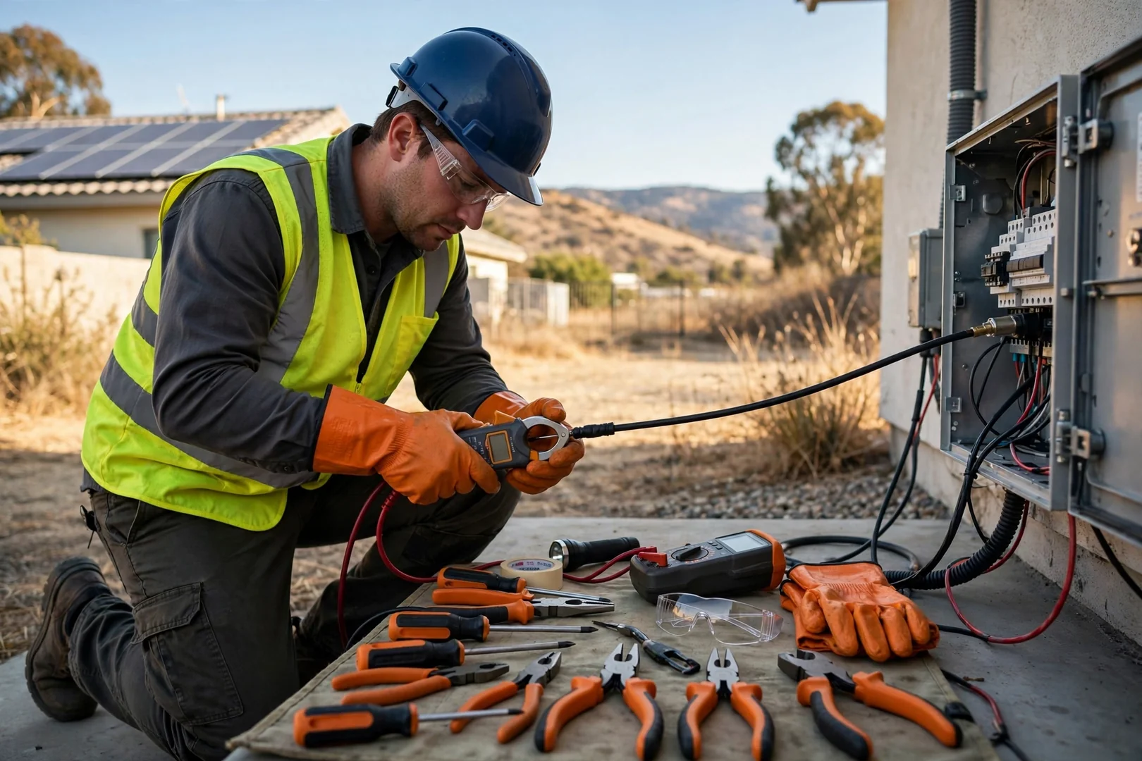 Clamp meter and insulated tools laid out for string current testing on site