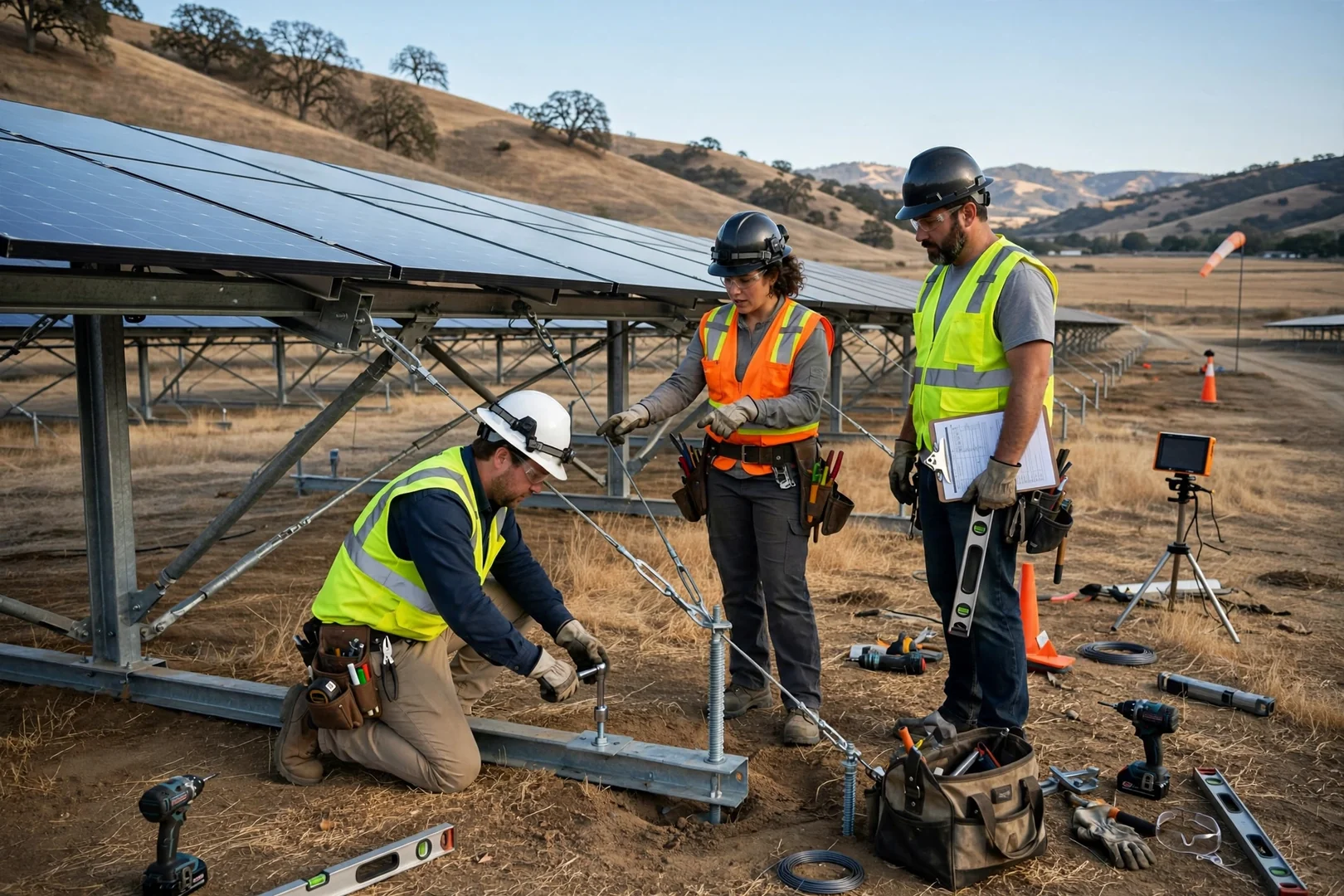Ground-mounted solar array anchored against delta wind on open valley property