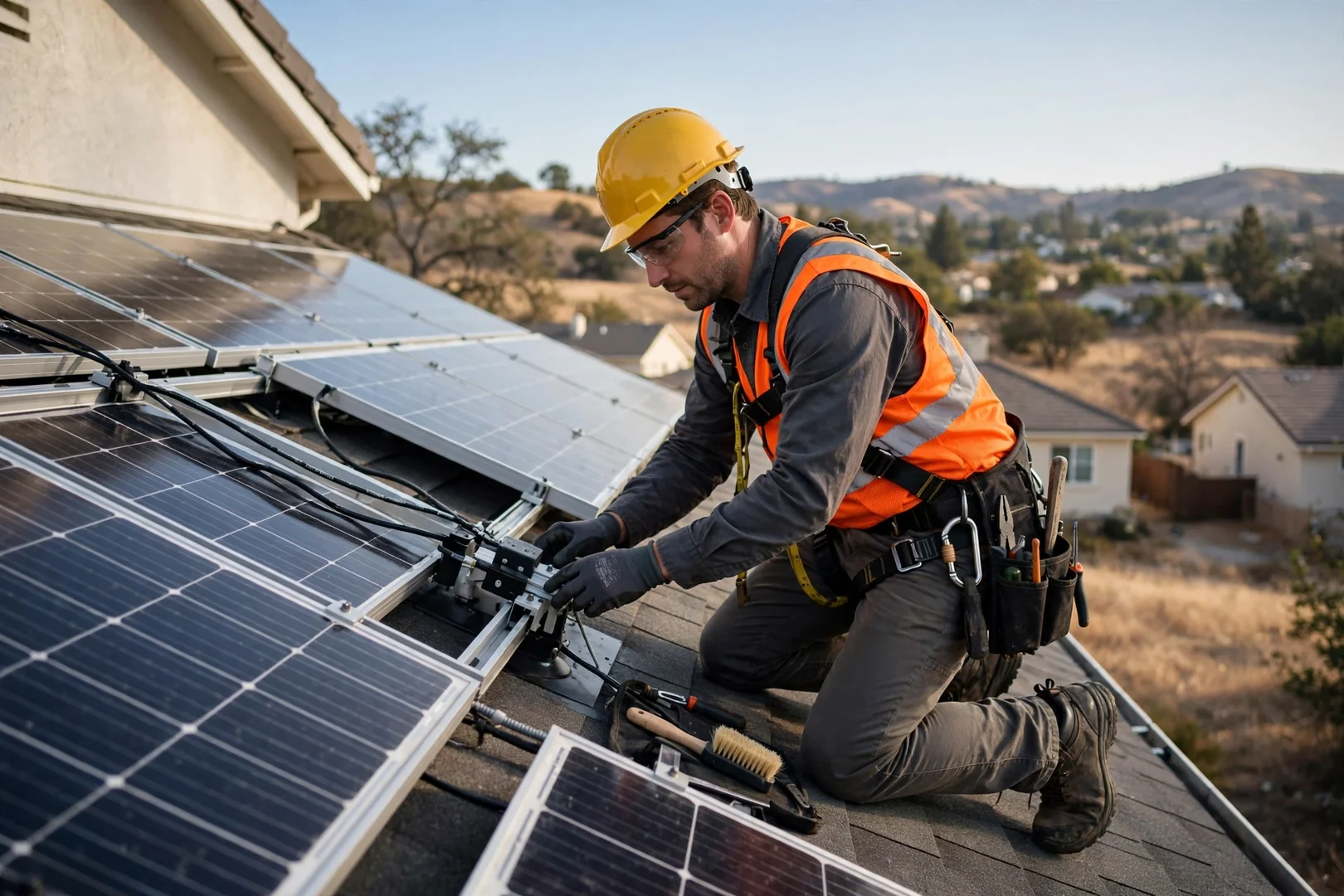 Solar technician reviewing roof measurements and written estimate paperwork with a homeowner