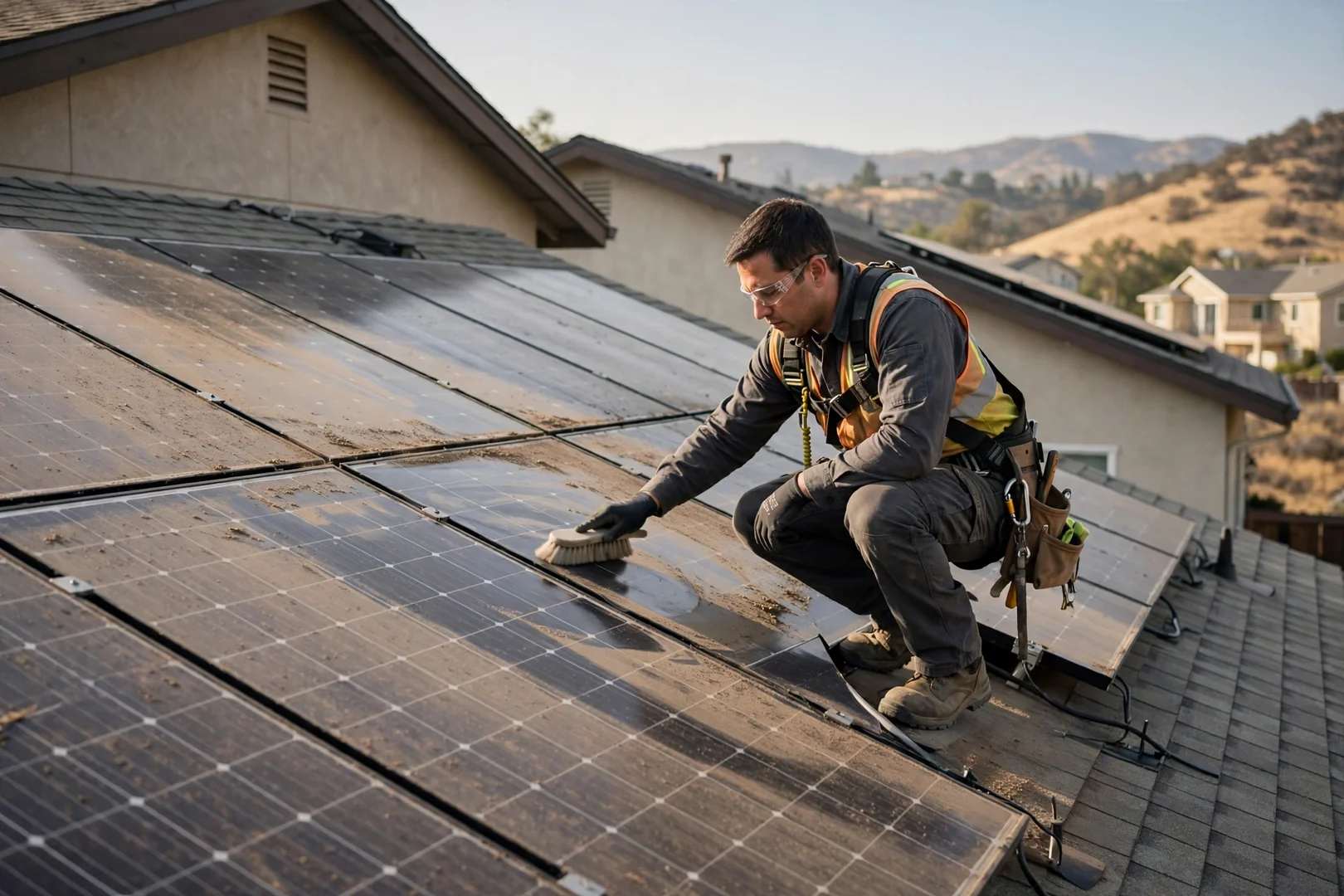 Technician inspecting dusty rooftop solar panels on a Mountain House home