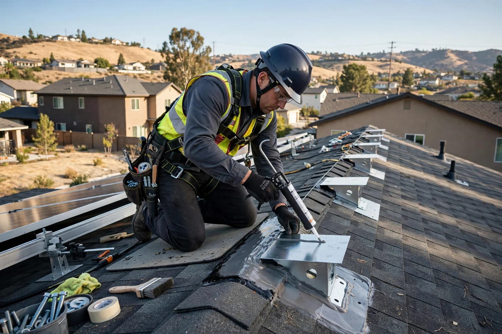 Technician setting flashed roof mounts on a residential solar array in Mountain House