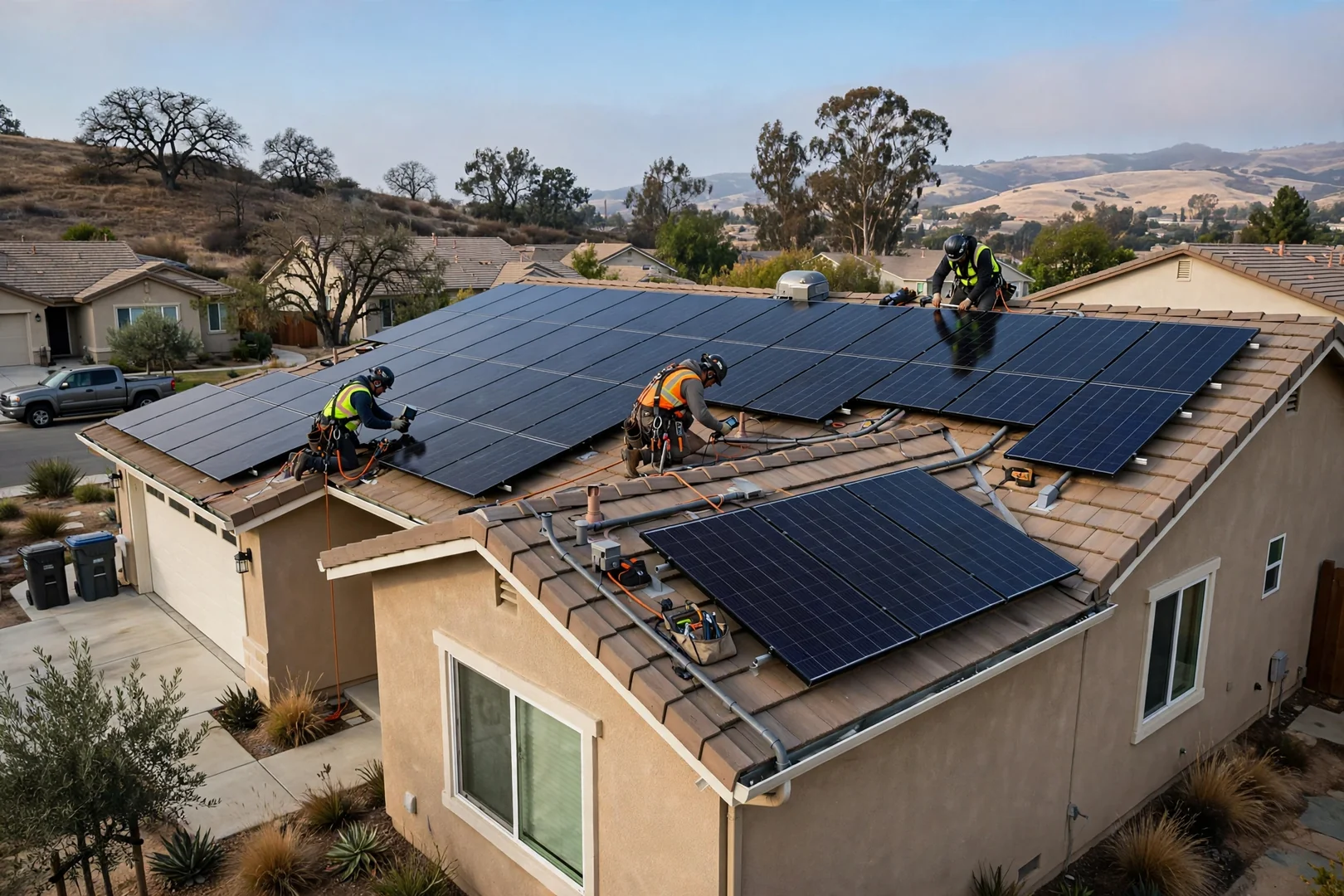 Wide view of completed rooftop solar panels on a suburban California home
