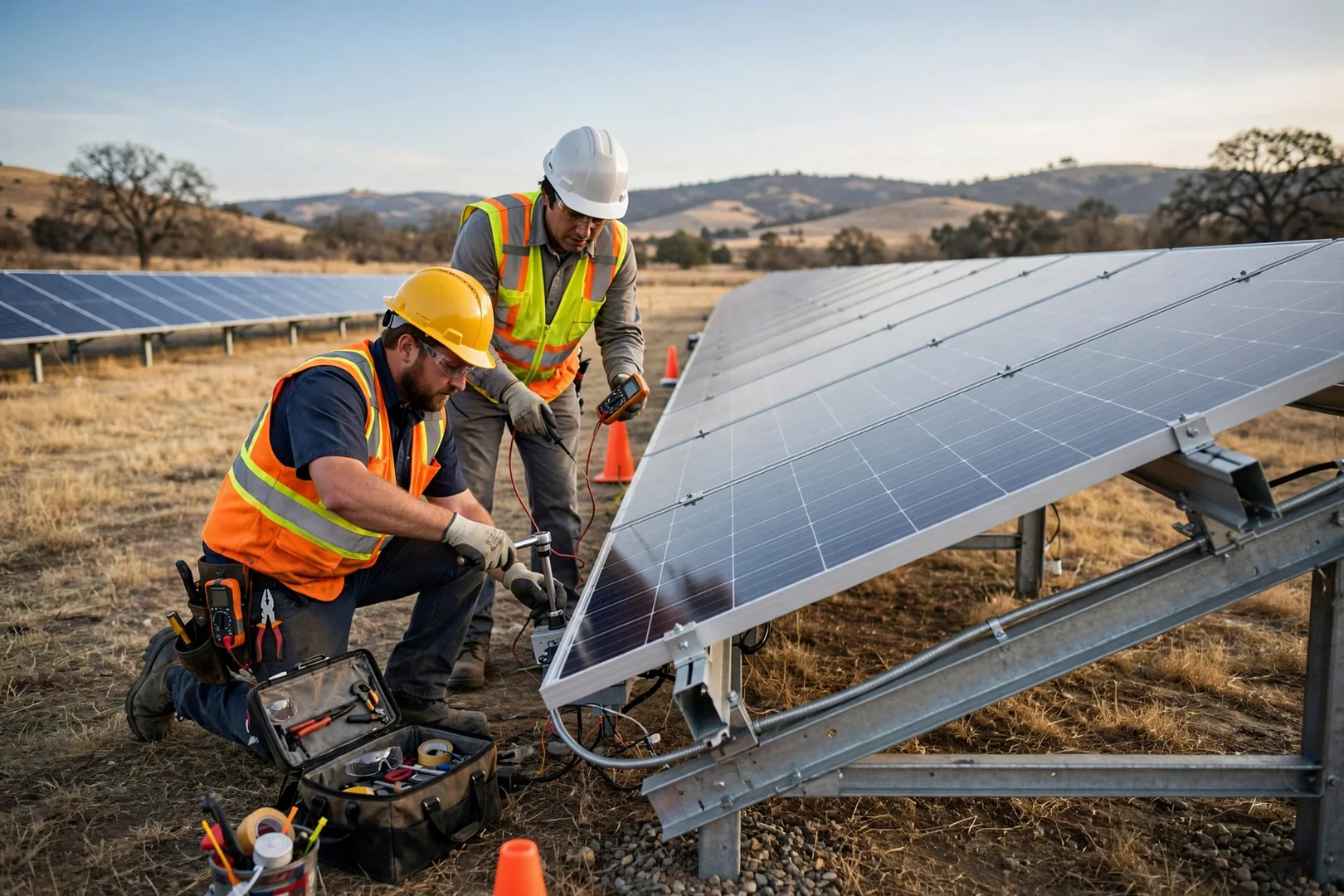 Ground-mounted solar array on open land with tilted panels under clear sky