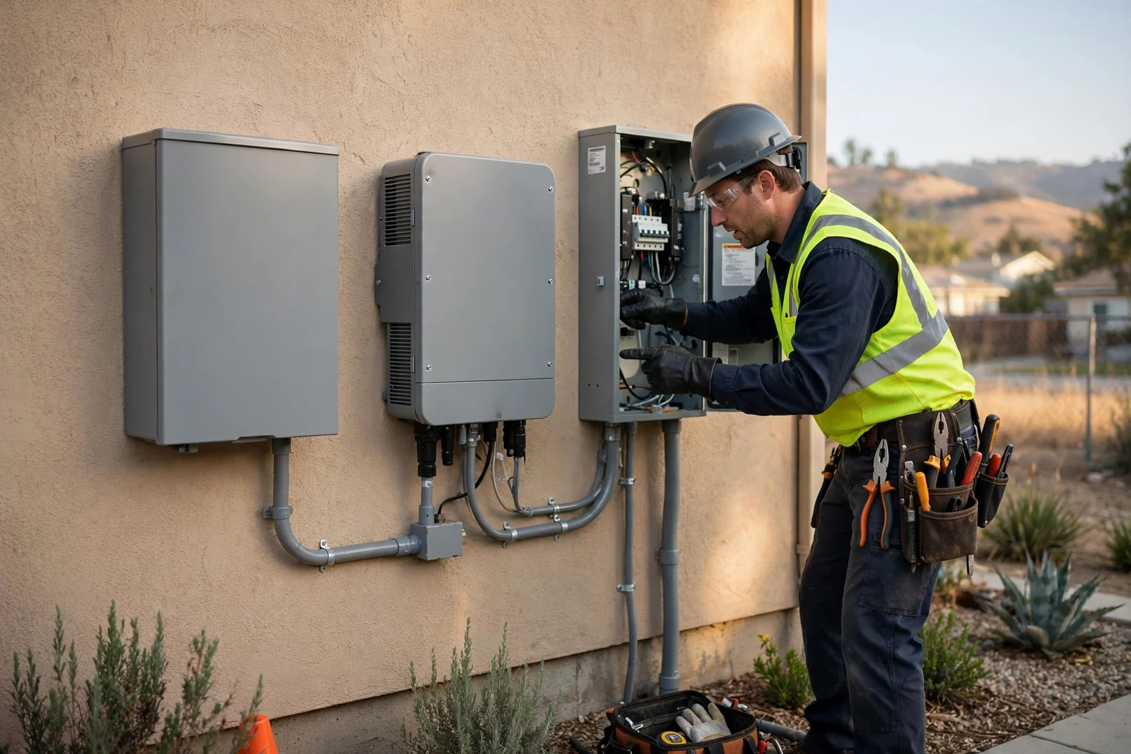 Wall-mounted battery cabinet and hybrid inverter installed beside an exterior service panel