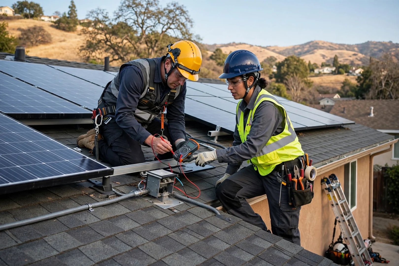 Solar technician reviewing inverter readings during a scheduled service visit in Mountain House
