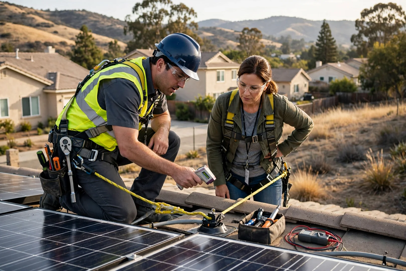 Technician in fall-protection harness checking rail torque on a residential solar array