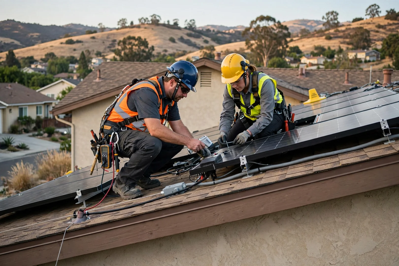 Solar technician inspecting roof mounting hardware on a Mountain House home installation