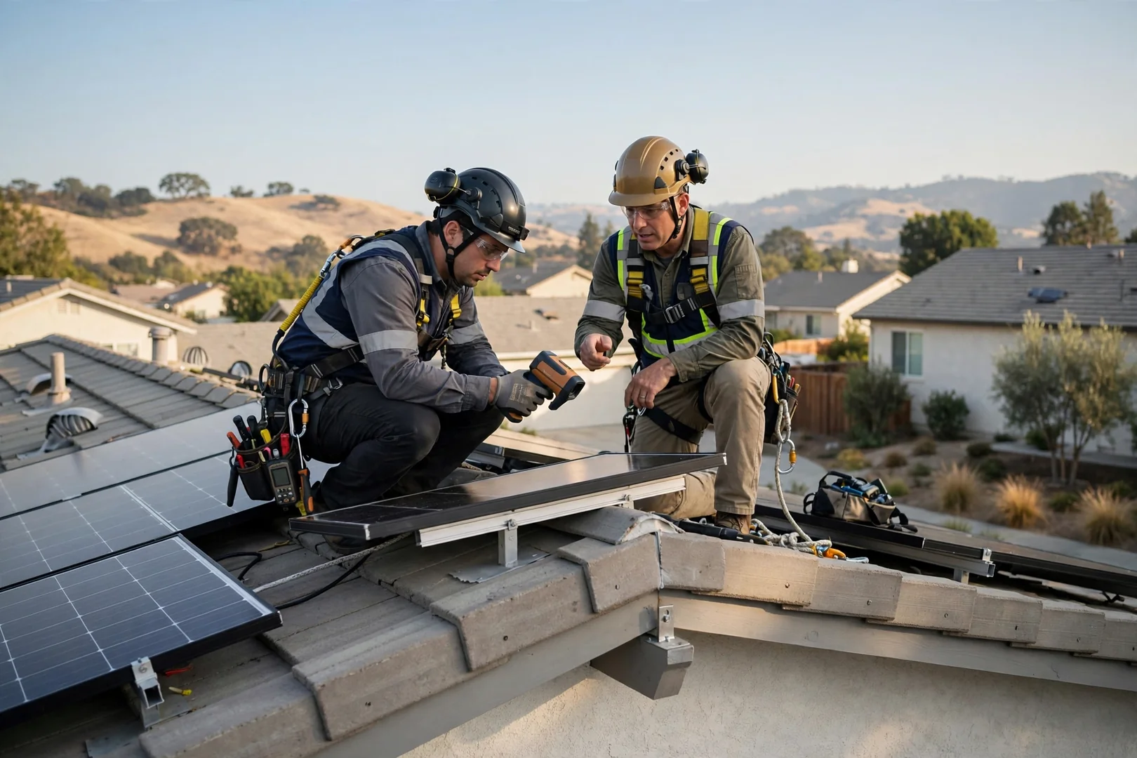 Solar technician testing inverter wiring during a system inspection in Mountain House