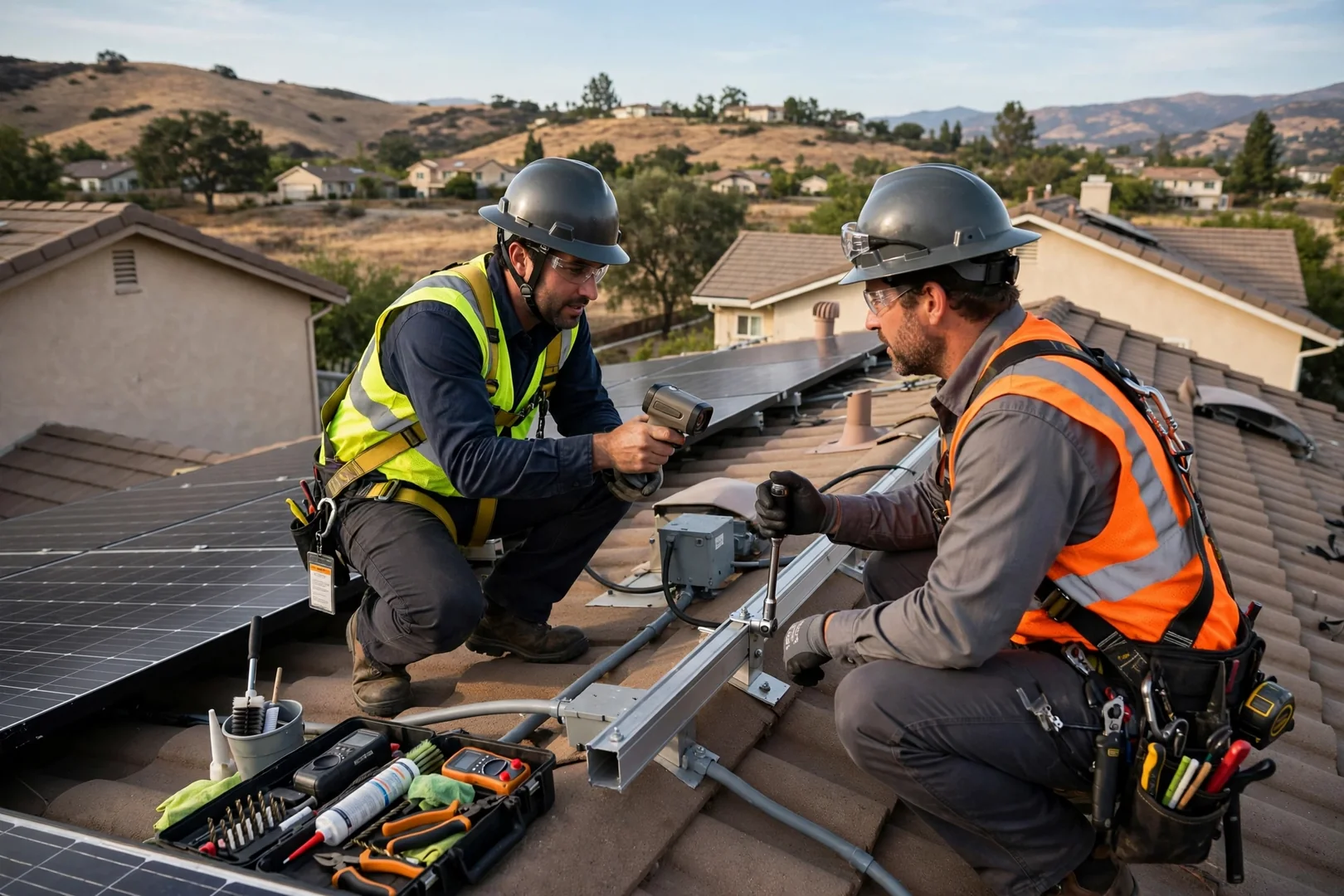 Solar technician reviewing inverter fault readings and repair estimate paperwork at a Mountain House home