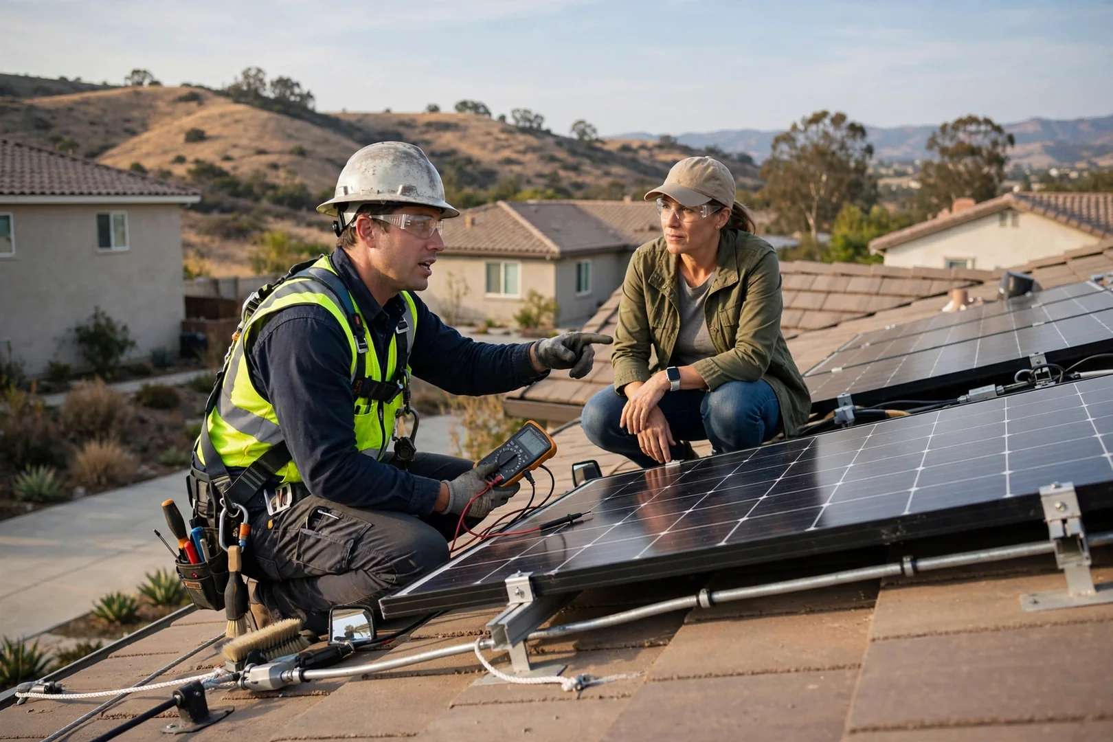 Technician reviewing solar panel repair estimate with homeowner beside rooftop array