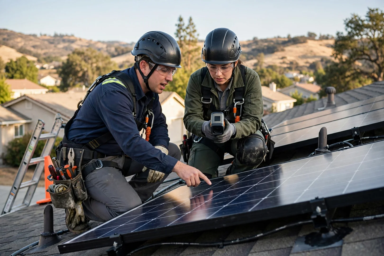 Technician inspecting rooftop solar array wiring during a repair visit in Mountain House
