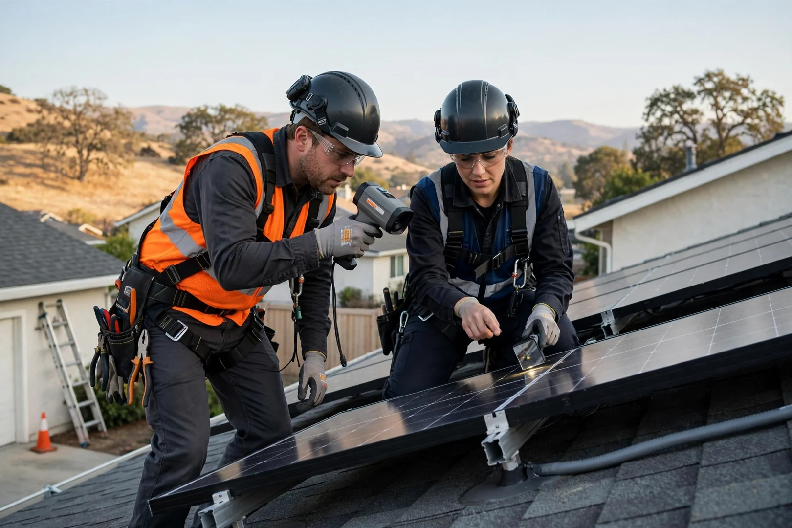 Technician inspecting rooftop solar array wiring during a panel repair in Mountain House