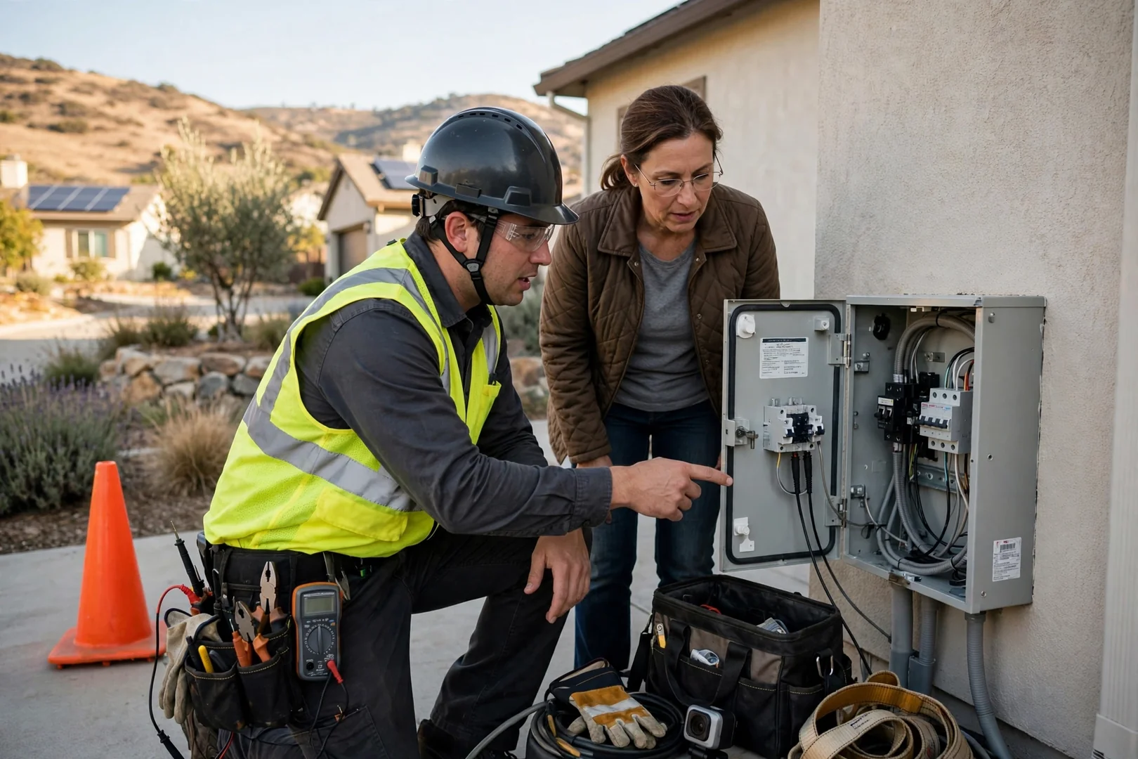 Solar technician reviewing panel replacement estimate details with a homeowner beside a Mountain House rooftop array