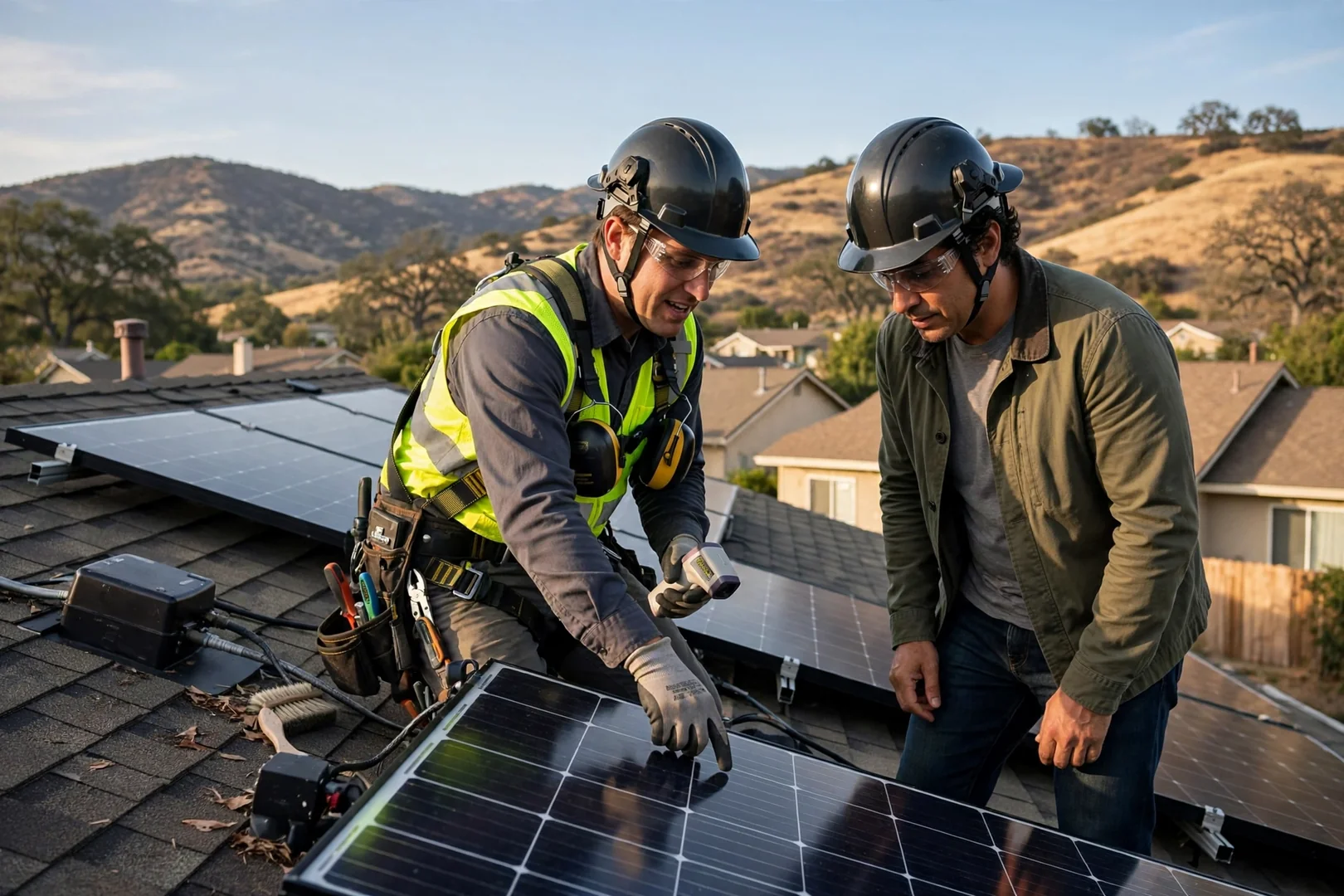 Technician lifting a replacement solar module onto a Mountain House rooftop array