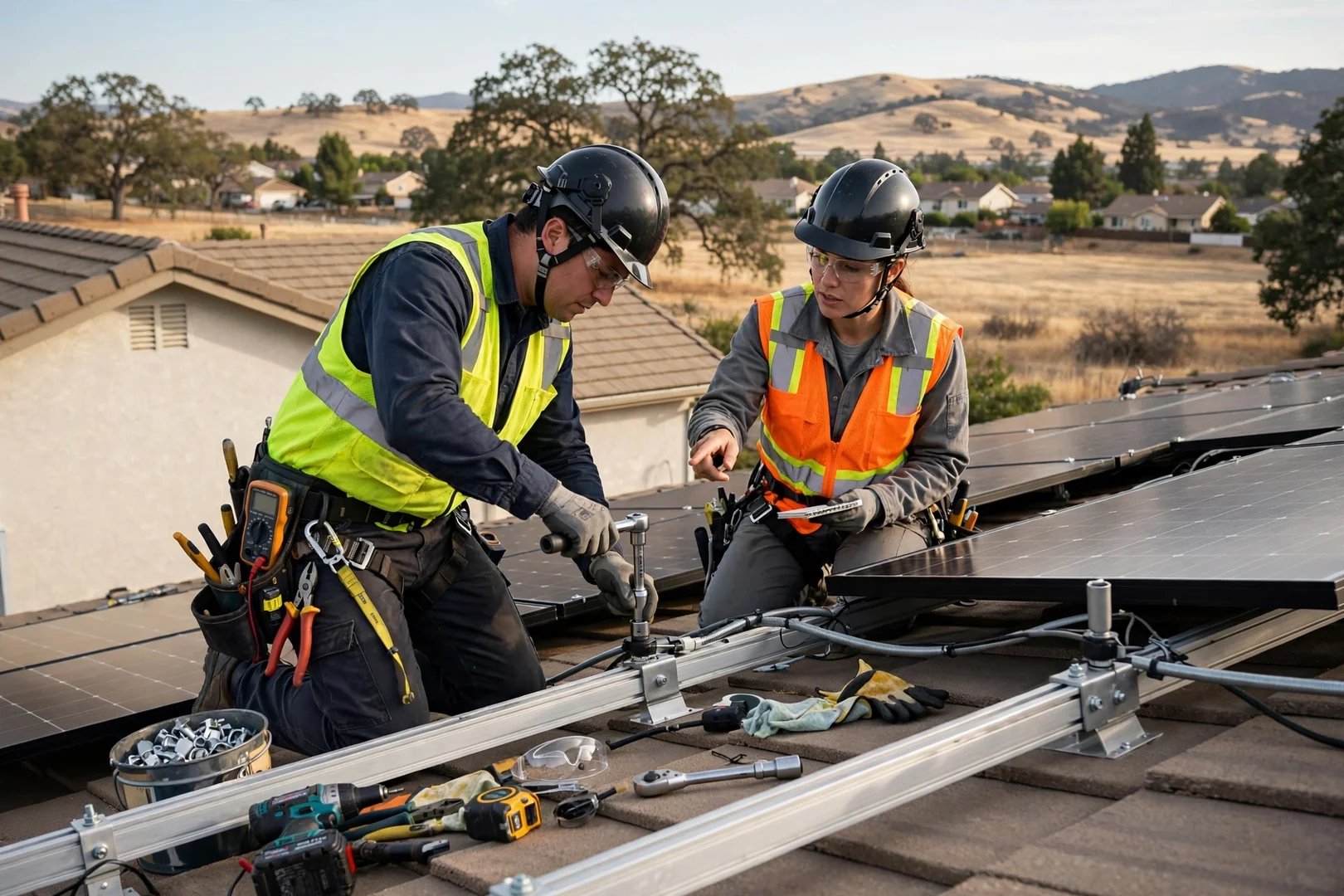 Technician lifting a replacement solar module onto rooftop racking in Mountain House