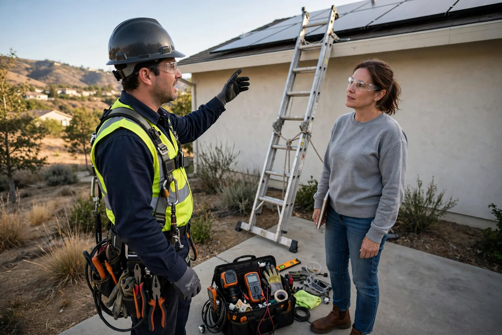 Technician safely removing aging solar module from a Mountain House rooftop array
